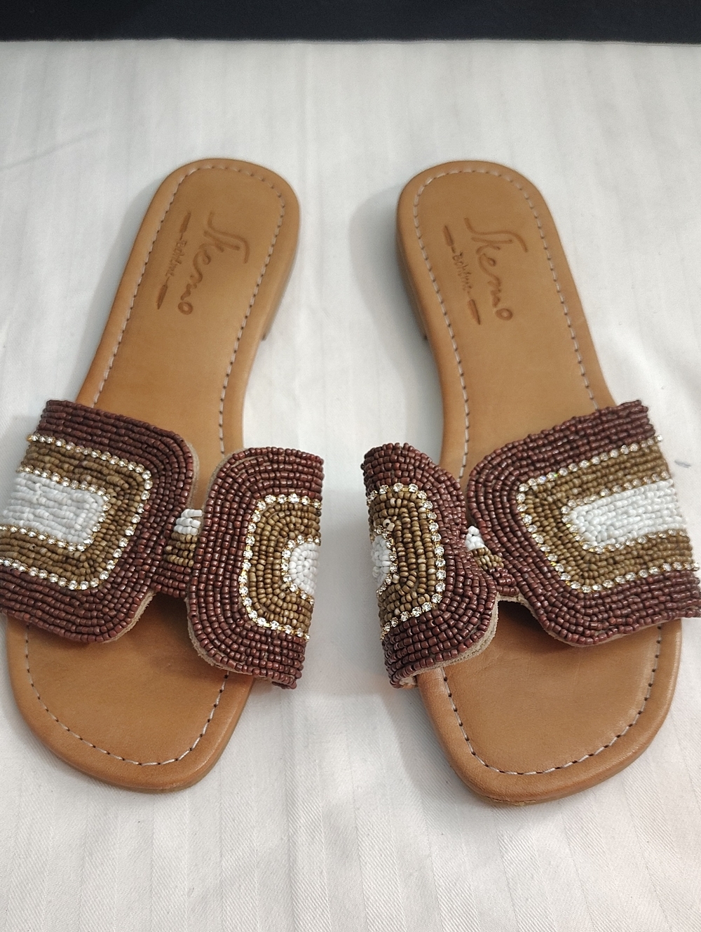 Skemo Brown & Cream Beaded Boheme Slide Sandals